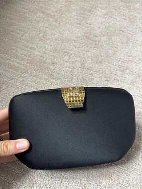 RODO Italy Satin Black Hard Shell Gold Chain Handbag Clutch Rhinestone Clasp